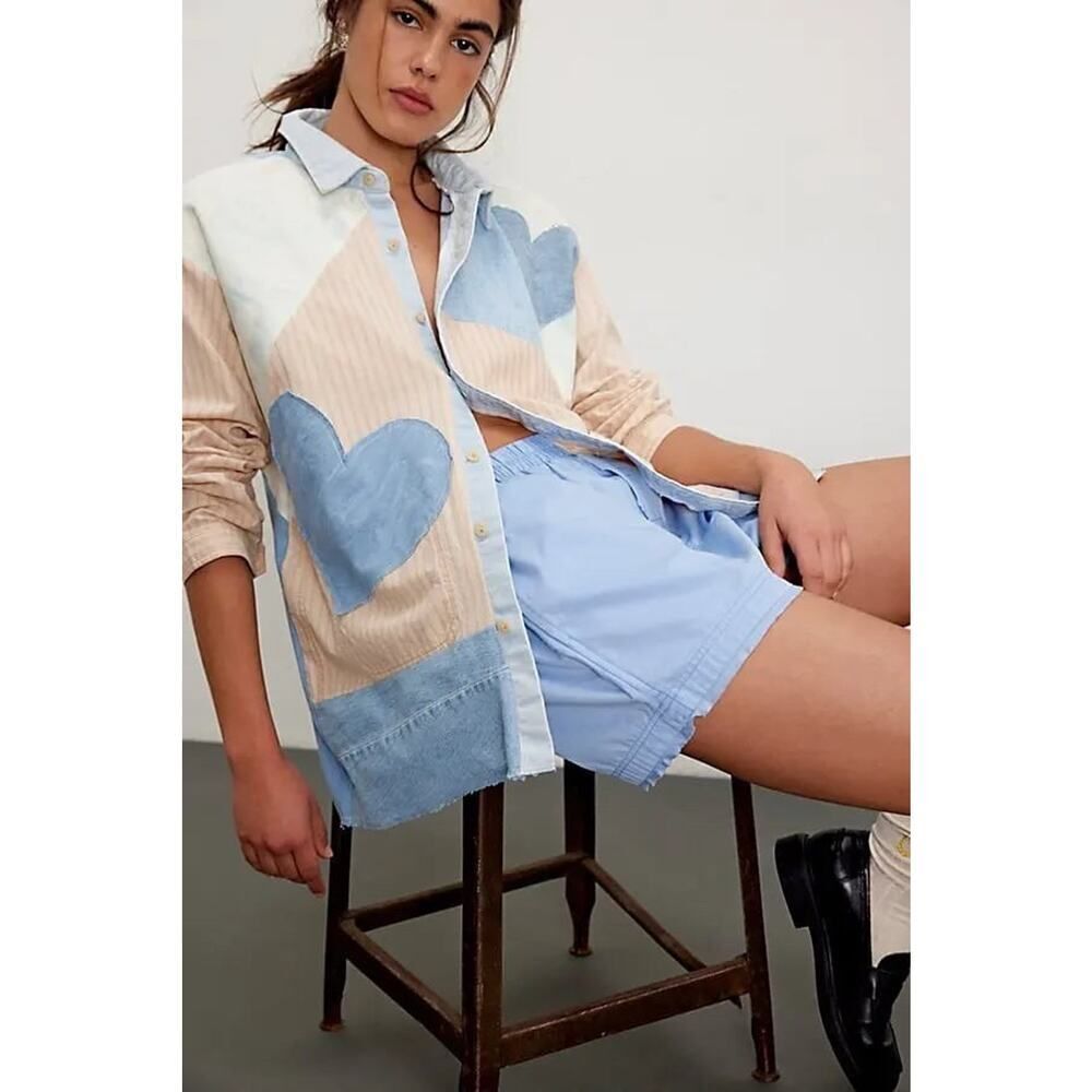 TRICIA FIX Heart Applique Button-Down Shirt - Neutral Combo Size X-Small